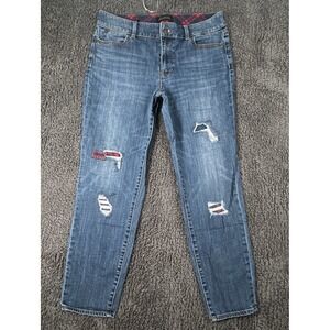 Talbots Flawless Five Pocket Boyfriend Jeans Womens 8 Mid Rise Plaid Patch Denim